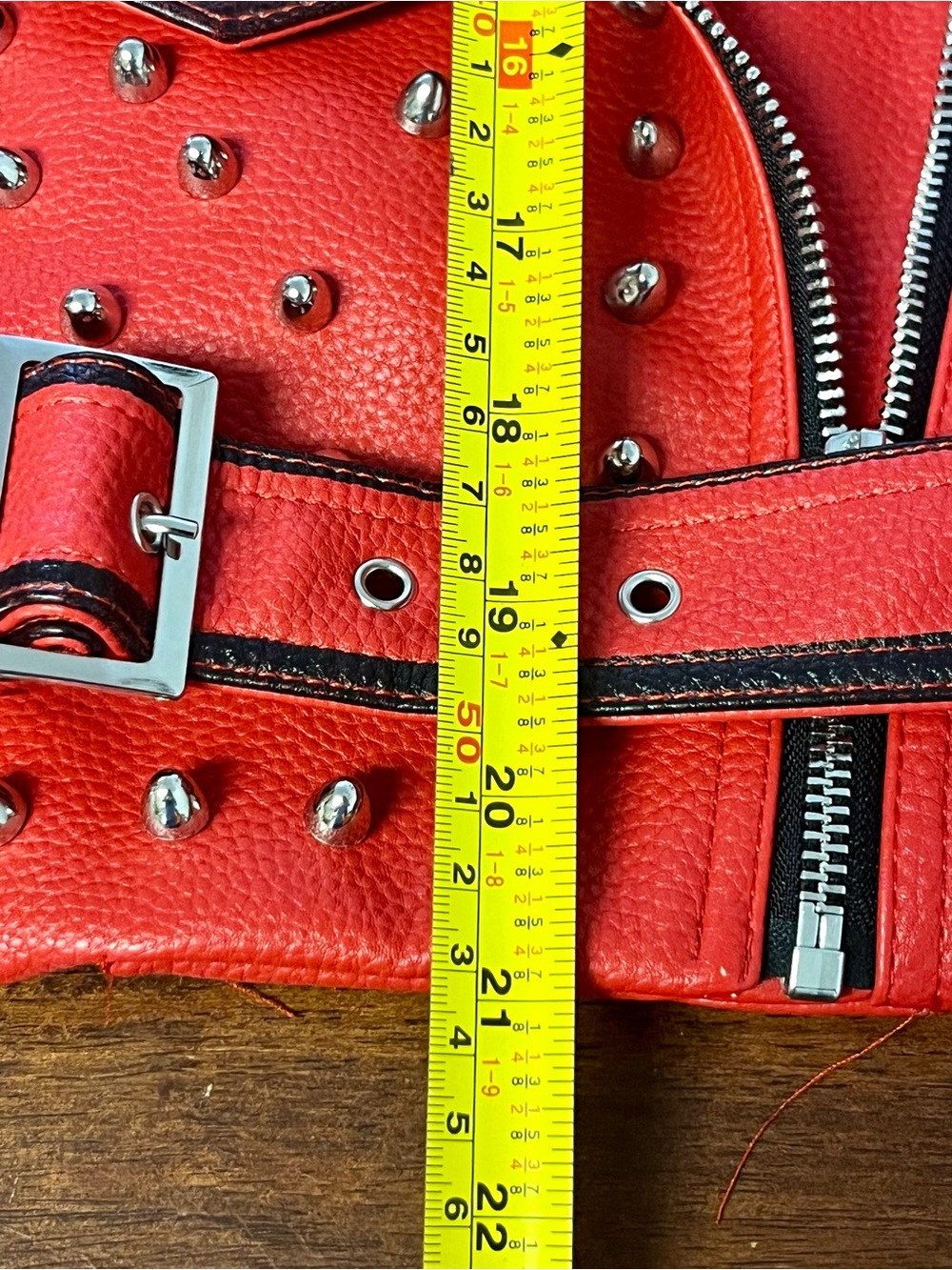Studded Red Leather Biker Jacket with Belt - Women's Fashion - Picture 14 of 16